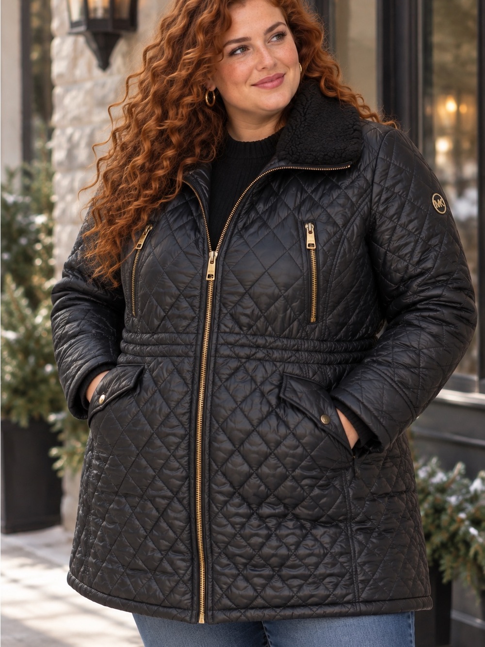 Michael Kors Quilted Black Puffer Jacket with Sherpa Collar